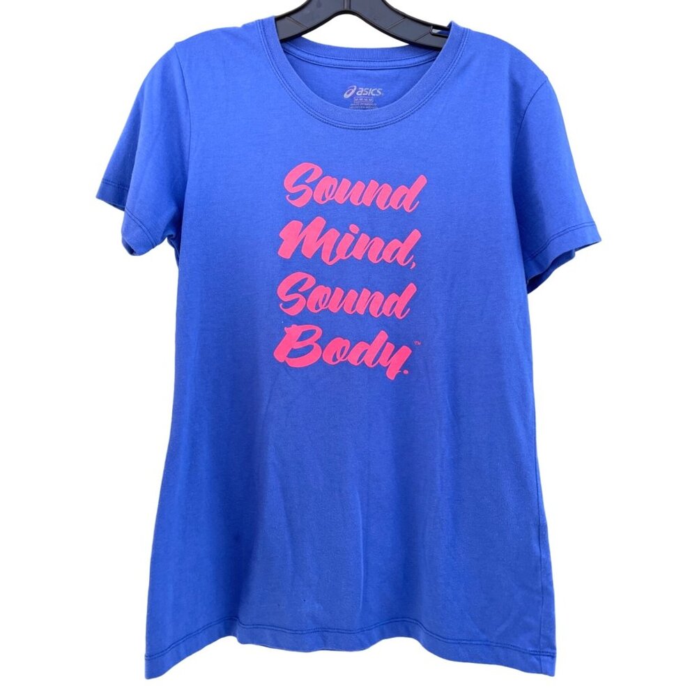 Asics Women's medium M Blue T-Shirt With Pink "Sound Mind Sound Body" Print